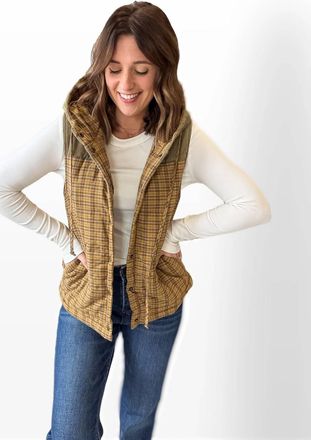 Hem & Thread Corduroy Mixed Plaid Puffer Vest In Mustard