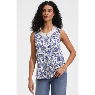 Lands End Lightweight Jersey Button Front Lace Trim Tank in Ivory/blue Vintage Floral at Nordstrom, Size X-Small