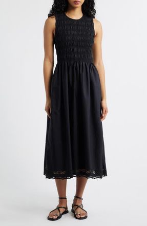 Madewell The Embroidered Melody Smocked Midi Dress in Jet Black at Nordstrom, Size Xx-Small