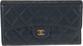 Chanel Black Grained Calfskin Long Wallet (Tri-Fold) (Pre-Owned)