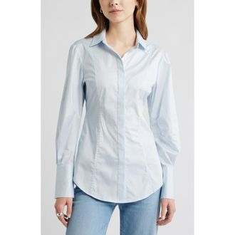 Open Edit Seam Detail Split Back Stretch Cotton Poplin Shirt in Blue Breeze at Nordstrom, Size Xx-Small