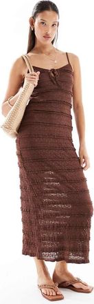 Miss Selfridge Vestito midi color cioccolato in pizzo con volant-Marrone