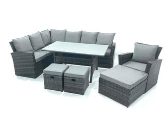 Fimous Outdoor Furniture Garden Dining Set Rattan Corner Sofa Set with 3 Footstools Armchair in Dark Grey