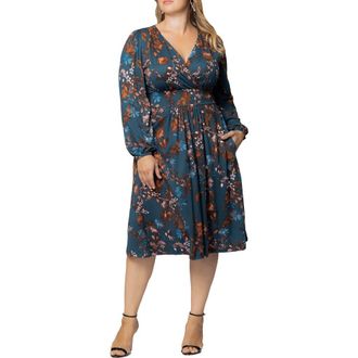 Kiyonna Diana Long Sleeve Dress in Teal Blue Asters at Nordstrom, Size 5X