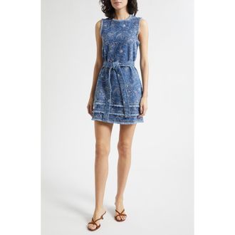Cinq &agrave; Sept Mindie Floral Embroidery Denim Minidress in Salt Breeze/White at Nordstrom, Size 12
