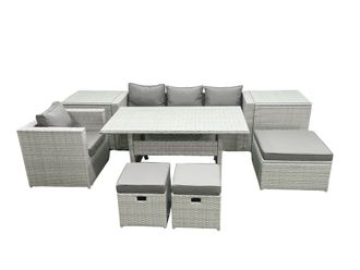 Fimous Rattan Garden Furniture Dining Set 7 Seater Lounge Sofa Chair Dining Table Set with 3 Footstools 2 Side Tables Light Grey Mixed