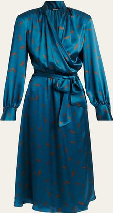 Kiton Strong-Shoulder Long-Sleeve Satin Midi Wrap Dress