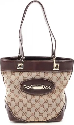 Gucci Beige Brown Canvas Leather Handbag Tote Bag (Pre-Owned)