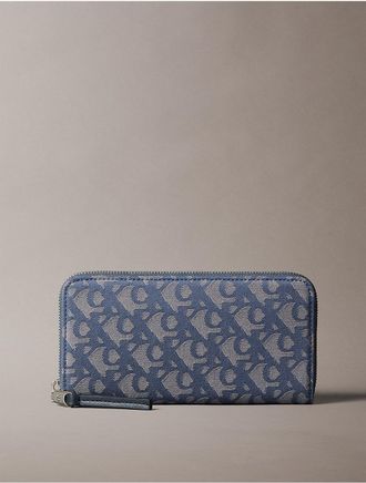 Calvin Klein Womens Allover Monogram Long Zip Wallet - Blue