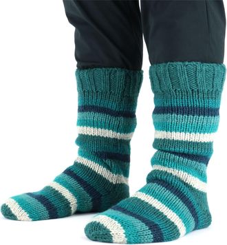 Loud Elephant Hand Knitted Wool Slipper Socks For Women Men Unisex Winter Warm Indoors UK 4-10 EU 37-46 Stripe Teal