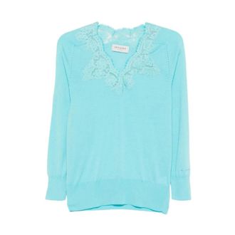 Ermanno Scervino V-neck Knitwear, female, Blue, Size: L Lace V-neck Top