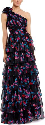 Mac Duggal One Shoulder Printed Chiffon Tiered Ruffle Gown