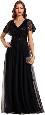 Ever-pretty Women Dress Sparkly Sequin A-Line V-Neck Tulle Formal Evening Dress Black 14UK