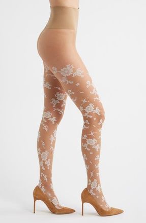 Free People Flocked Floral Tights in White at Nordstrom, Size Medium