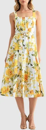 Mila Mae Belted Sleeveless Fit & Flare Midi Dress in Yellow Floral at Nordstrom, Size X-Large