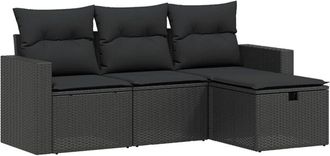 vidaXL Juego De Sof&aacute;s Jard&iacute;n 4 Pzas Con Cojines Rat&aacute;n Sint&eacute;tico Negro Vidaxl