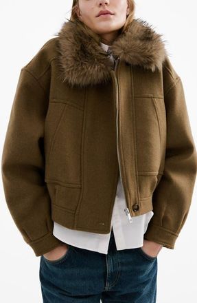 Mango Blouson Jacket with Faux Fur Collar in Brown at Nordstrom, Size X-Large