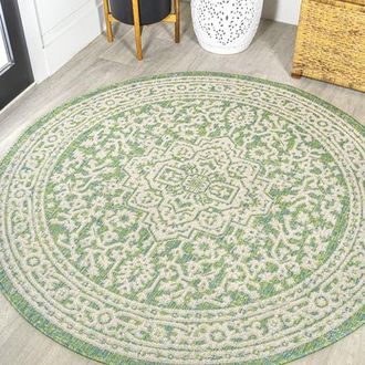 Jonathan Y Designs Sinjuri Medallion Textured Weave Indoor/Outdoor Round Area Rug in Cream/green at Nordstrom, Size 5Ft 0In X 5Ft 0In