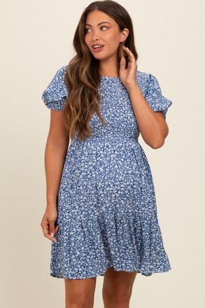 Pinkblush Floral Puff Sleeve Smocked Dress in Blue at Nordstrom, Size Medium