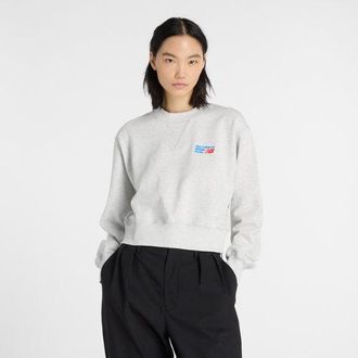 New Balance Mujer Athletics Premium Logo Relaxed Crop Crew en Gris, Vell&oacute;n de algod&oacute;n, Talla XL