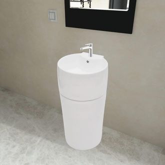 Berkfield Home Ceramic Stand Bathroom Sink Basin Faucet/Overflow Hole White Round