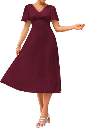 Grace Karin Women Cap Sleeves Chiffon Causal Dresses Square Back with Tie Party Wedding Dress Wine M