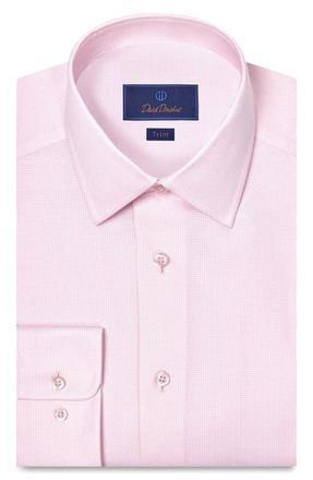 David Donahue Trim Fit Microcheck Cotton Dobby Dress Shirt in Pink at Nordstrom, Size 15.5 - 32