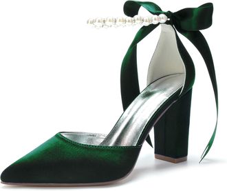 Generic Wedding Bridal Shoes Womens Satin Pointed Toe Heel 9Cm Block Heel Bridal Party Wedding Evening Pumps,Dark Green,10 UK