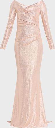 Talbot Runhof Metallic Draped Off-The-Shoulder Long-Sleeve Gown