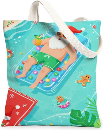 Generic Holiday Tropical Canvas Tote Bags, Fun Santa Pool Design Reusable Grocery Bags, Summer Vintage Lightweight Washable Shoulde, Blue, 13x15 Inch