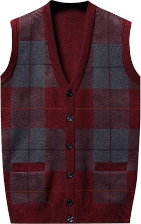 Generic Mens Jumpers Vest,Sleeveless V Neck Sweaters Waistcoat,Button Knitted Wool Sweater Tank Tops,Check Slipover Gilet with Pockets,Slim Fit Casual Knitwea