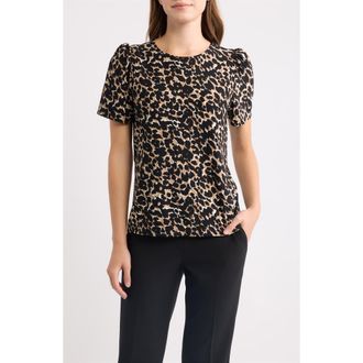 Anne Klein Leopard Print Puff Shoulder Top in Vicuna Multi at Nordstrom, Size X-Large