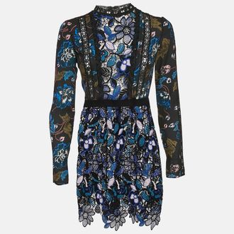 Self Portrait Blue/black Floral Print Chiffon And Lace Short Dress