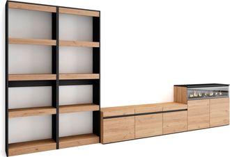 Skraut Home Skraut Home - Muebles De Sal&oacute;n Para Tv, Conjunto De Muebles Comedor, 370x186x35cm, Para Tv Hasta 65, Chimenea El&eacute;ctrica, Estilo Moderno, Roble Y Negro