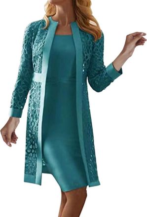 Generic WomenS Elegant Dress Suits - Mother Of The Bride Dresses And Jackets For Larger Ladies Solid Color Lace Cardigans Dresses Set Summer Tank Dress With L