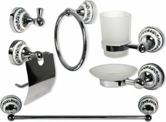 Trade Shop Set De Ba&ntilde;o 6pzs Acero Cristal Cer&aacute;mica Azul Negro 52438 Jabonera Portarollos