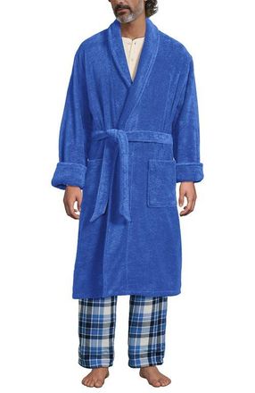 Lands End Calf Length Turkish Terry Robe in Muted Cobalt Blues at Nordstrom, Size Xx-Large