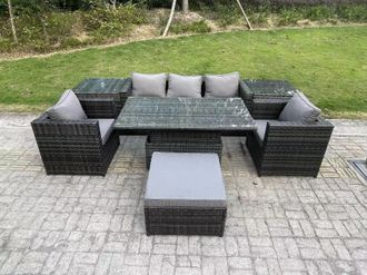 Fimous 6 Seater Rattan Garden Furniture Sofa Set Outdoor Adjustable Rising Lifting Dining Table Set 2 Armchairs in Dark Grey
