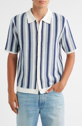 Wax London Porto Stripe Short Sleeve Cotton Blend Button-Up Shirt in Blue /Ecru at Nordstrom Rack, Size Medium