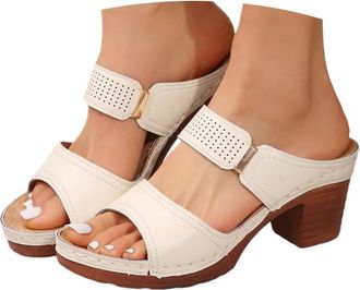 Generic Chunky Sandals for Women White Heels Block Heel Sandals for Women Chunky Block Mid Heels Flip Flop Slip on Square Toe Comfortable Heeled Dress Bridal 