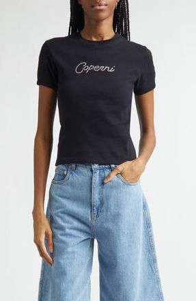 Coperni Crystal Logo Organic Cotton Baby Tee in Black at Nordstrom, Size X-Small