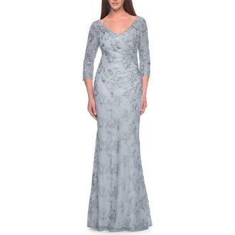 La Femme Pastel Lace Mother of the Bride Gown with Three Quarter Sleeves in Dusty Blue at Nordstrom, Size 12