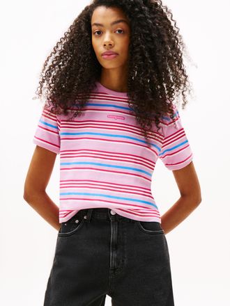 Tommy Jeans Kurzarmshirt TOMMY JEANS TJW REG SH SCRIPT STRIPE TEE, Damen, Gr. M (38), rosa (carnival pink, stripe), Single Jersey, Obermaterial: 100% Baumwolle, g