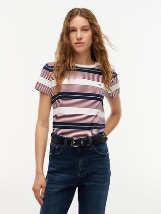 Tommy Hilfiger Womens Tommy Jeans Striped Crewneck T-Shirt - Red White Blue Stripe - XL