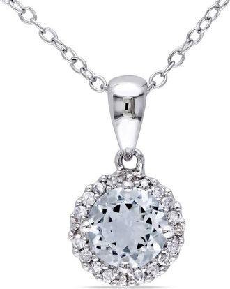 Amour 1/10 CT TW Diamond and Aquamarine Halo Pendant with Chain In Sterling Silver