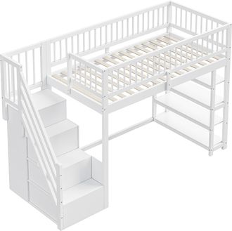 STILVORA Cama Alta Cama Individual Con Armario, Estantes Y Almacenaje, 90&times;200 Cm, Sin Colch&oacute;n, En Madera Maciza, Blanco