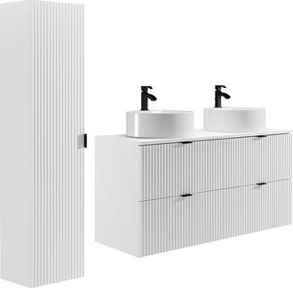 Vente-Unique Mueble de baño suspendido estriado con lavabo sobre encimera redondo y columna - Blanco mate - 120 cm - ZEVINI