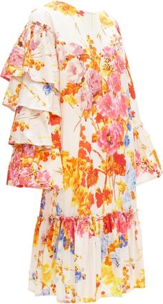 Dries Van Noten colourful floral tie sleeve ruffle midi dress
