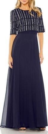 Mac Duggal Fully Beaded 3/4 Sleeves Top Chiffon Gown in Midnight at Nordstrom, Size 16