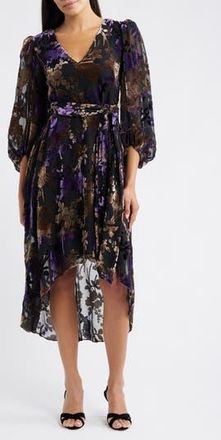 Eliza J Floral Burnout Velvet Puff Sleeve Midi Dress in Black Plum at Nordstrom Rack, Size 10